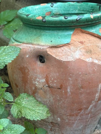 The image shows a close-up of a broken terracotta pot with green glaze on its rim. The pot is partially covered by green leaves. The broken surface of the pot reveals the terracotta material underneath the glaze. A small, dark hole is visible on the side of the pot. The background is out of focus, suggesting an outdoor setting. There are no people or animals visible in the image. The pot appears weathered and aged. The image is a still photograph with no discernible action taking place. The exact location in Valdefresno, Spain, is not specified within the image itself.
