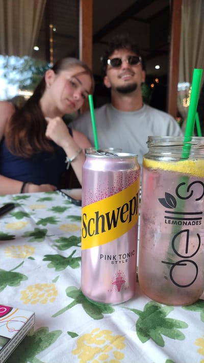 Two people, a man and a woman, are sitting outdoors, possibly at a cafe or restaurant, as indicated by the table setting with a patterned tablecloth. The man is wearing sunglasses and a light-colored t-shirt, while the woman is wearing a dark blue top. They appear to be enjoying drinks. In the foreground, a can of Schweppes Pink Tonic Style is visible, along with a glass jar containing a pink beverage with lemon slices and bubbles. Green straws are also present in both drinks. The image is oriented sideways. The text on the Schweppes can reads "Schwep," "PINK TONIC," "STYLE," and "1783." The text on the glass jar includes "LEMONADES" and some stylized lettering. A partially visible cigarette pack is also on the table. The lighting suggests it could be daytime, but the background is somewhat dark, hinting at possible shade or evening hours. The overall mood seems relaxed and casual.