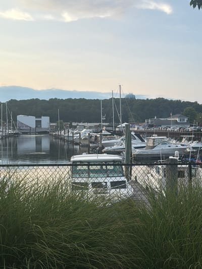 The image depicts a harbor in the City of Glen Cove, United States of America. Several boats, primarily white motor yachts and sailboats, are docked in the water. The foreground is dominated by tall, green grass and a chain-link fence. In the background, a modern white building with large windows is visible on the left, reflecting in the water. Further back, a dense line of trees forms a backdrop, with a light blue water tower perched on top of a hill. The sky is partly cloudy with a soft, diffused light, suggesting it is either early morning or late afternoon. The overall scene conveys a sense of tranquility and a typical day at a marina.