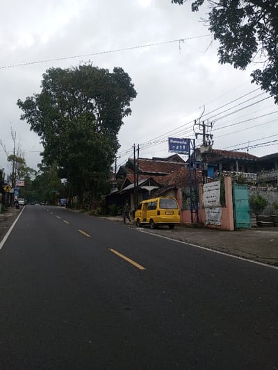 A street scene under a cloudy sky features a paved road with yellow lane markings. A large tree dominates the left side of the frame, while buildings line the right. A yellow minivan is parked near a building with a sign above it that reads "Harmoche." An individual is walking near the van. Power lines crisscross above the buildings.