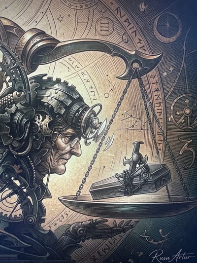 The image depicts a steampunk-inspired, highly detailed illustration. The central focus is an ornate weighing scale. On the left side of the scale's pan, a mechanical head with intricate gears, tubes, and a monocle is depicted in profile, facing right. The head appears aged, with wrinkles and a stern expression. On the right side of the scale's pan, a small, ornate coffin with a cross on top is being weighed. The background features a complex celestial map with astrological symbols, Roman numerals (including III), and various circular and radial patterns, all rendered in a muted, sepia-toned palette with hints of dark blue and green. The artwork is signed "Rusu Artur" in the lower right corner. There is no discernible location in the city of Dondușeni, Moldova, depicted in this image.
