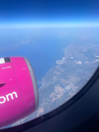 The image shows a view from an airplane window, looking down at the earth. The scene is dominated by a vibrant pink airplane engine cowling in the foreground, with the text "NO STEP" clearly visible. The engine is partially obscuring the view of the land and sea below. The earth's curvature is evident, with a thin blue haze of the atmosphere visible along the horizon. The land appears rugged and mountainous, with patches of lighter terrain suggesting settlements or agricultural areas. The sea is a deep blue, contrasting with the land. The overall impression is that of a flight at high altitude, likely during daytime given the bright sunlight. The setting suggests a travel scenario, with the airplane engine indicating the mode of transport. There is no explicit indication of people, but the context of an airplane flight implies their presence. The image evokes a sense of travel and perspective, offering a unique view of the earth from above. The location context of Menteşe, Turkey, suggests the flight might be over or near this region.