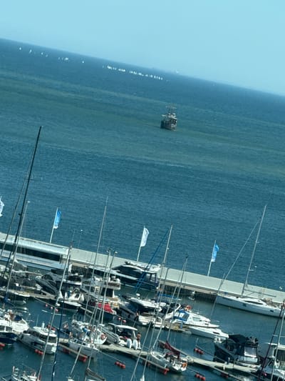 This is an aerial, oblique, slightly tilted photograph taken on a clear day of a harbor in Gdynia, Poland. The image shows a collection of various vessels including sailboats, motorboats, and a large, old-fashioned sailing ship in the distance. The foreground features a marina with numerous docked boats, their masts creating a dense network of vertical lines against the blue water. Several flags are visible on poles along the waterfront, including white and blue flags. The water is a deep blue and appears calm. In the mid-ground, the old-fashioned sailing ship is clearly visible, appearing to be a replica or a historical vessel. In the far distance, a line of much smaller sailboats is visible on the horizon. The horizon line is hazy and the sky is a light blue. A pier or breakwater is visible running horizontally across the mid-section of the image, with some larger vessels docked alongside it. The overall impression is one of a busy and scenic maritime location.