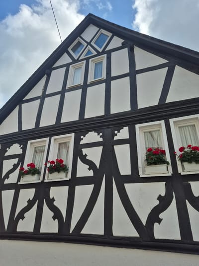 The image displays the upper facade of a traditional half-timbered (Fachwerkhaus) building located in Traben-Trarbach, Germany, viewed from a low-angle perspective looking upwards. The structure features a prominent steeply pitched gable roof with dark eaves. The timber framing is dark brown or black, contrasting sharply with the white plastered infill panels.

The gable end exhibits several windows: an upper arrangement includes three small, diamond-shaped panes and two triangular panes flanking a central rectangular window, all set within the dark timber. Below these, two larger rectangular windows with white frames and light-colored curtains are present.

The main wall section below the gable shows decorative dark timber beams forming various geometric and ornamental patterns against the white infill. Two prominent rectangular windows are visible in this section, each fitted with white frames, white lace curtains, and white window boxes containing vibrant red geraniums. Further down the facade, the timber framing continues with intricate, curved, and stylized decorative elements. The white infill panels display a slightly textured, possibly stuccoed, finish with minor imperfections indicative of age. Above the roofline, a partially cloudy blue sky is visible, traversed by a thin, dark utility cable running diagonally from the upper left. No people or other explicit subjects are present in the frame.