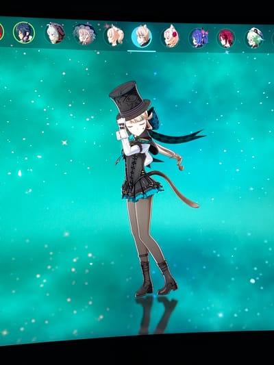 The image displays a digital illustration of a fictional character, seemingly from a video game. The character is a young woman with cat-like features, including pointed ears and a tail. She is depicted lying horizontally, with her head to the left and her feet to the right. She wears a black top hat with a blue band and a feather, a white collared shirt with puffy sleeves, a black vest, a short black skirt with blue trim, and black thigh-high boots. Her legs are crossed, and her arms are bent at the elbows. The background is a vibrant, teal-colored expanse filled with small, white, star-like particles, suggesting a fantasy or cosmic setting. To the left of the main character, a vertical row of circular profile icons of other characters is visible, indicating a selection screen or character roster. The lighting appears to be even and digital, with no indication of natural time of day or weather. The overall mood is whimsical and fantastical. No visible text is present in the image.