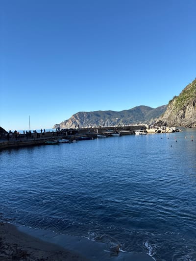 The image displays the harbor of Vernazza, Italy, under a clear, bright blue sky. In the foreground, a narrow strip of dark sand and pebbles transitions into the calm, deep blue water of the harbor, where gentle waves break and recede. A substantial stone breakwater extends from the left midground towards the right, forming the primary enclosure of the harbor. Numerous individuals, appearing as dark silhouettes, are observed standing and walking along the entire length of this breakwater. Several small boats, predominantly fishing or recreational vessels with light blue, green, and white hulls, are moored along the inner side of the breakwater. Multiple red cylindrical buoys are visible floating in the water towards the right, near the harbor entrance. The background is dominated by steep, verdant hills and rugged rocky cliffs, which flank the harbor on both sides and recede into the distance under bright, direct sunlight.