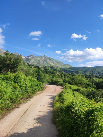 A dirt road winds through a lush green landscape with mountains in the background under a clear blue sky dotted with white clouds. The road is in the foreground, curving to the right and away from the viewer, with dense green foliage lining its edges. In the mid-ground, rolling hills covered in trees rise up towards the majestic mountains that dominate the horizon. The mountains appear rugged and rocky, with patches of green vegetation and some evidence of rock slides. A small building, possibly a house, is visible on one of the hillsides. The overall scene depicts a serene and natural environment, likely in a rural or mountainous area. The location is the Egnatia Municipal Unit, Greece.