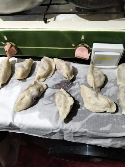 The image shows a close-up of several uncooked pierogi, arranged on a white cloth on a kitchen counter. The pierogi are pale and appear to be filled with a dark filling, possibly meat or a dark vegetable. Behind the pierogi, a green and white stovetop is visible, with a pot or pan on a rack above it. On the right side of the stovetop, a small, white, battery-operated LED light fixture is attached. The kitchen appears to be in a residential setting. There are no people visible in the image. The scene is likely located in the city of Shchastia, Ukraine, given the context.