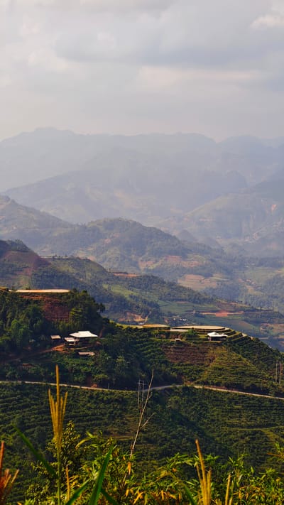 The image depicts a landscape in Mậu Duệ Commune, Vietnam, characterized by layered mountains under a hazy sky. The foreground features green vegetation, including bamboo-like plants. A winding road traverses a terraced hillside, with a small cluster of buildings with light-colored roofs located partway up the slope. The surrounding terrain is marked by terraced agricultural fields. The background is composed of multiple mountain ranges, fading into a misty distance.
