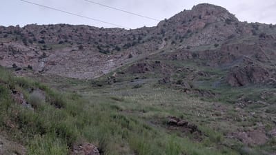 The image depicts a rugged, mountainous landscape in Ak-Terek, Kyrgyzstan. The scene is dominated by steep, rocky slopes sparsely covered with vegetation. Small, dark green shrubs and grasses cling to the inclines, with patches of lighter green grass and some scattered white flowers in the foreground. The upper portions of the mountains are composed of large, angular rock formations in shades of brown and grey, with some evidence of scree slopes and eroded channels.

Several power lines traverse the frame horizontally, suggesting human infrastructure within this natural environment. The sky is overcast, indicating a cloudy or possibly hazy day, and the overall lighting suggests it is either early morning or late afternoon. The mood is one of natural grandeur and a sense of remote wilderness. There is no visible text in the image. The composition emphasizes the scale and harsh beauty of the mountainous terrain.