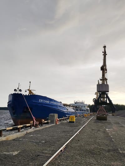 In Shal'skii, Russia, a blue cargo ship named "ЕВГЕНИЙ ОРЛОВСКИЙ" is docked at a port. The ship is tied to a concrete pier with mooring ropes. A large industrial crane is positioned next to the ship, with its grab bucket lowered towards the ground. The pier is covered in gravel, and there are railroad tracks running alongside it. In the background, there is a body of water and a forest. The sky is overcast.