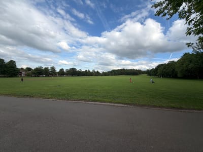 The image captures a wide, expansive view of a grassy park area, likely within the city of Wakefield, United Kingdom, under a bright, cloudy sky. In the foreground, a dark asphalt path runs horizontally, suggesting a walkway or road. The main body of the image is a large, well-maintained lawn, dotted with a few scattered individuals. To the left, a person is seen walking, and further back, a few buildings with pitched roofs are visible, partially obscured by trees. In the mid-ground, a person in a long, patterned dress is standing with a small dog near their feet. To their right, another individual is pushing a stroller across the grass. In the far distance, a dense line of trees forms the horizon, with more scattered trees and greenery throughout the park. The sky is a vibrant blue, streaked with thin white clouds and larger, fluffy cumulus formations. The overall atmosphere is serene and suggests a typical day in a public park.
