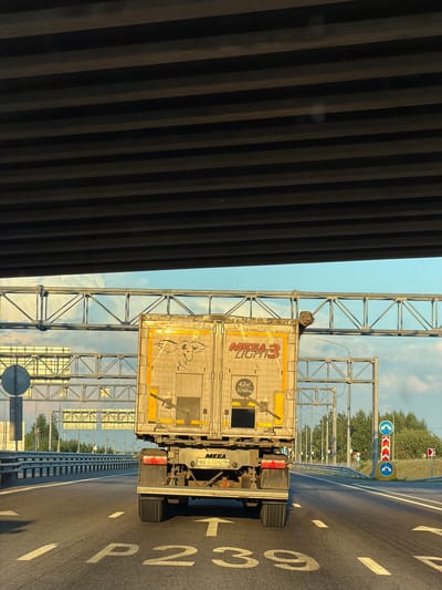 A semi-trailer truck with the branding "MEGA 3 LIGHTS" and "42M 5700kg" is traveling on a highway under a large overpass. The truck has a stylized drawing of a winged bull or similar creature on its rear doors. The license plate is partially visible and appears to be Russian. The truck is in the right lane of a multi-lane highway. The road has white lane markings and what appear to be large white numerals painted on the pavement, including "P23" and possibly "39". To the right of the highway, there are various road signs, including directional signs and a sign with blue circles indicating mandatory direction of travel. The environment appears to be a clear day with a blue sky and some clouds. Trees and vegetation are visible on the embankment to the right of the highway. The overpass structure is made of dark, parallel beams. The overall scene is a highway driving perspective.