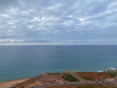 The image displays an elevated panoramic view of the Mediterranean Sea coastline near Oran, Algeria, under an overcast sky. The sky, occupying the upper third, is filled with dense, light grey cloud formations. The mid-ground reveals the expansive, calm blue-green sea, with at least seven large cargo or tanker vessels visible as dark silhouettes positioned at various points along the distant horizon. The lower third of the frame depicts the rugged coastline, characterized by reddish-brown earth and sporadic patches of green vegetation. A paved coastal road, hosting multiple civilian vehicles, traverses horizontally across the foreground. Adjacent to the road, an unpaved parking area accommodates approximately fifteen parked vehicles, including a prominent white recreational vehicle or large van. Small waves are visible breaking along the shoreline at the base of the coastal cliffs. No individuals are distinctly visible.