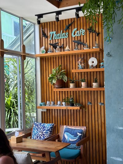 The image depicts the interior of a cafe, likely located in Ko Tao Subdistrict, Thailand. The cafe features a prominent wooden slat wall decorated with various oceanic-themed items, including toy sharks, whales, sailboats, and turtle figurines. The words "Thalas Cafe" are displayed in mosaic lettering on the wall.

In the foreground, a wooden table is set with a tissue box. Two chairs are positioned around the table. One chair is occupied by a person, only their upper back and shoulder are visible. Both chairs have cushions: one with a blue and white floral pattern and the other with a blue cushion featuring a whale design.

Natural light enters the cafe through a large window, revealing lush green foliage outside. The cafe also has track lighting mounted on the ceiling, directed towards the decorated wall. The overall ambiance suggests a casual and themed dining or relaxation space.
