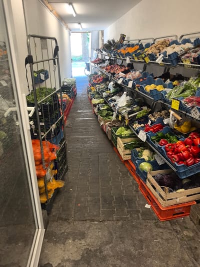 This image depicts a long, narrow commercial space, identified as being in Hattersheim, Germany, possibly a produce market or a backroom storage area. The walls are painted white, and the ceiling features multiple fluorescent light fixtures. The floor is composed of dark grey concrete or pavers, showing signs of wear and scattered moisture or debris.

On the left side, a tall, grey metal rolling cart, likely for transporting goods, stands prominently. It holds blue plastic crates filled with green leafy vegetables. Below the cart, orange and yellow mesh bags containing citrus fruits (oranges and lemons, respectively) are stacked. A white door frame is partially visible on the far left, with keys hanging from a hook. Further into the background on the left, additional red and blue plastic crates with produce are stacked.

The right side of the space features an extensive display of fresh fruits and vegetables, arranged on multi-tiered metal shelving units. The produce is primarily contained within blue plastic crates, which are stacked on red plastic crates, some of which are branded "Harry." Visible items include pineapples, oranges, ginger, white root vegetables, various apples, peaches, green grapes, mushrooms, red, green, and yellow bell peppers, lettuce, cauliflower, and other green vegetables such as zucchini. Numerous price tags, some handwritten, display prices in Euros (e.g., "1.99," "2.99"). One wooden crate is marked with the name "Mabel."

At the far end of the room, an open doorway reveals a brightly lit outdoor area. A portion of a bicycle, including handlebars and a wheel, is visible near the exit. A large tree trunk is discernible outside the doorway, with dark paved ground extending beyond. No people are present in the scene. The overall impression is that of a well-stocked and organized, yet functional, commercial environment.