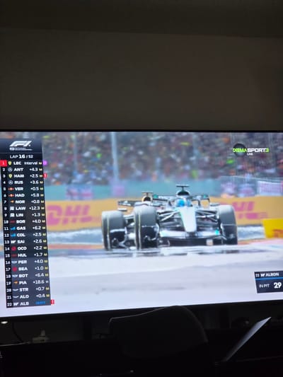 The image displays a television screen showing a Formula 1 race. The screen displays a timing and scoring leaderboard with driver names, lap times, and positions. The race is on lap 16 of 52. On the right side of the screen, a specific driver, "22 W. ALBON," is noted as "IN PIT" with the number 29. The background of the screen shows a blurred image of race cars on a wet track, with spectators in the stands. A logo for "DIEMASPORT3 LIVE" is visible in the top right corner. The television is placed on a stand or desk, with the lower part of the image showing dark furniture and a partially visible piece of white paper. The overall setting suggests a viewing of a sporting event from a private location.

The location is Bischofsheim, Germany. The specific scene shows a television displaying a Formula 1 race leaderboard, with driver information and race progress. The foreground shows furniture and a piece of paper. The background on the screen is a blurred depiction of a wet race track with cars and spectators.