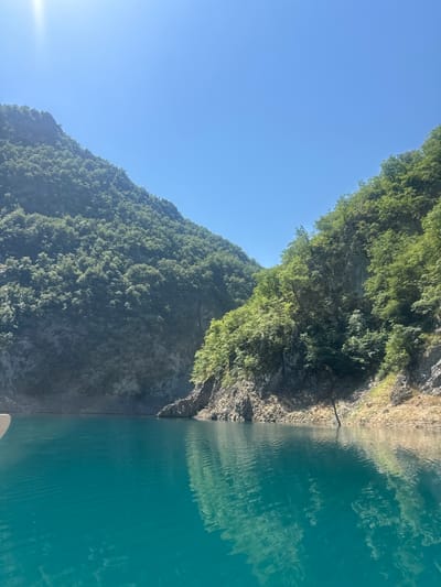 The image depicts a serene, turquoise lake surrounded by steep, tree-covered mountains under a clear blue sky. The water exhibits gentle ripples, reflecting the sunlight and the lush green foliage that clings to the rocky slopes. The scene appears to be a natural landscape, possibly a canyon or a mountain valley. While the precise location in Dubrovsko, Montenegro is not explicitly visible, the geography suggests a mountainous region with a significant body of water, consistent with areas found in Montenegro. There are no people or man-made structures prominently featured in the frame, emphasizing the natural beauty of the environment. A small portion of a white object, possibly part of a boat or vessel, is visible at the lower left edge of the image, indicating that the photograph was taken from the water.