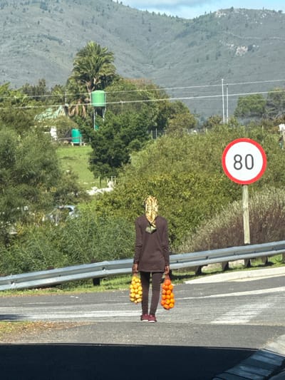 A woman stands on the shoulder of a road in Drakenstein Nu, South Africa, carrying two bundles of oranges, one on each side. She wears a brown coat, brown leggings, and burgundy sneakers with a patterned scarf on her head. A road sign indicating a speed limit of 80 is visible next to her. A metal guardrail separates her from a grassy area with trees. In the background, there are buildings and a mountain range.