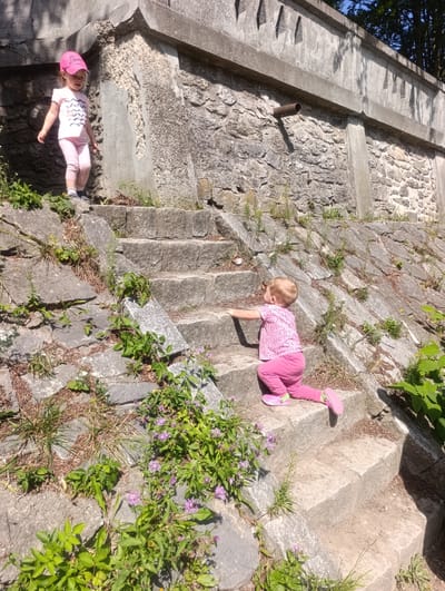 Two young children are on a stone staircase outdoors. The staircase is made of rough-hewn grey stones, some of which are overgrown with grass and small purple flowers. The stairs lead up a slope alongside a stone wall.

On the upper left of the image, a toddler wearing a pink baseball cap, a light pink t-shirt with a graphic print, and light pink leggings stands on a stone ledge, looking down.

Further up the stairs, on the right side, another toddler is on their hands and knees, as if crawling or about to stand. This child is wearing a pink t-shirt with a floral pattern and pink leggings. They are wearing pink clogs with a green accent on one shoe. The child is looking up and to the right.

The stone wall appears to be part of an older structure, possibly a fortification or a garden wall. A rusty metal pipe protrudes from the wall. The overall environment suggests a warm, sunny day with dappled sunlight on the stone surfaces. The location is identified as Teplice nad Bečvou, Czechia.