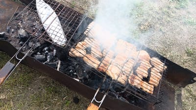 A barbecue grill is shown outdoors on a patchy grassy area. The grill contains several pieces of raw chicken on one side and a food item wrapped in aluminum foil on the other. The grill is placed over burning charcoal embers, and smoke is rising from the food. The grill has metal handles with wooden grips. The surrounding ground is a mix of grass and dirt. The scene is set in the city of Parenda, Russia.