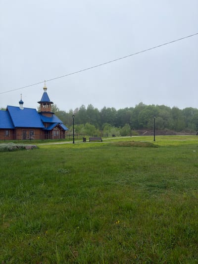 The image shows a wooden church with blue roofs located in Dobrovolsk, Russia. The church is positioned on the left side of the image, with a grassy field to its right. Behind the field, there's a line of trees and lampposts. The sky is overcast. A power line runs diagonally across the upper left portion of the image.