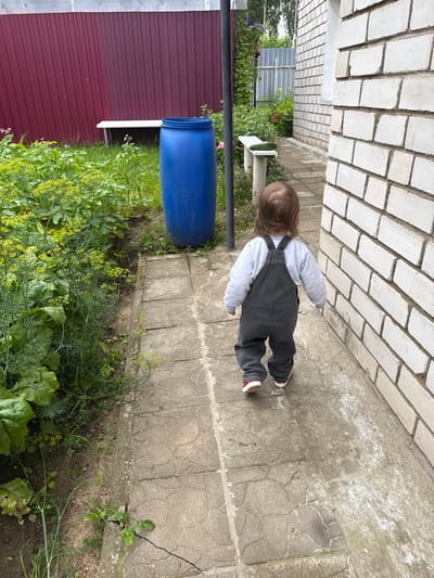 In Vyshegor, Russia, a young child wearing a grey long-sleeved shirt and grey overalls walks on a cracked concrete path next to a white brick building. To the left of the path, there is a large blue barrel and lush green plants. In the background, a dark red corrugated metal fence is visible. The scene appears to be an outdoor residential area.