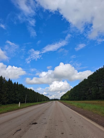 The image depicts a rural road leading into a dense forest on either side. The sky is bright blue with scattered white clouds, suggesting fair weather. The road surface appears to be asphalt with some potholes and patches of gravel. Vegetation, including green grass and tall evergreen trees, flanks the road. There are utility poles visible along the left side of the road. The perspective is from a moving vehicle, looking forward down the road. The location is identified as Malyi Gondyr, Russia.