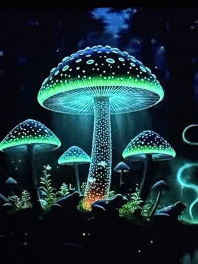 The image depicts a surreal, enchanted forest scene at night, dominated by a cluster of bioluminescent mushrooms. The largest mushroom, centrally located, has a broad, glowing green cap speckled with white dots, and a thick, speckled stem emitting a warm orange glow at its base. To its left and right are smaller, similarly decorated mushrooms, also with luminous green caps and dark, spotted surfaces. The background is a dark, indistinct forest with faint blue and purple hues, suggesting depth and mystery. Small, ethereal lights, perhaps fireflies or magical spores, dot the darkness. The overall impression is one of a magical and otherworldly natural environment. The image does not provide any information that would allow for a location in Skopje, North Macedonia to be identified.