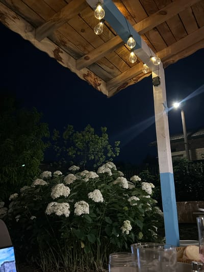 A night-time outdoor scene features a wooden pergola with string lights illuminating it. Below the pergola, a dense cluster of white hydrangeas is visible, with their large blooms creating a soft, glowing effect in the dim light. In the background, trees are silhouetted against the dark night sky. To the right, a lamppost emits a bright light, casting rays across the scene. Part of a table setting, including glasses and bread, can be seen in the foreground, suggesting a meal or gathering is taking place. The image captures a serene and inviting atmosphere, typical of an outdoor dining area in a rural setting, likely in or near the village of Salmanovo, Bulgaria. There are no people visible in the image.