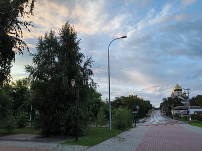 In Petrovsk, Russia, the image captures a street scene at dusk. A paved road, wet and reflecting the sky, ascends towards a prominent Orthodox church with golden domes. The sky is filled with dramatic clouds tinged with pink and orange from the setting sun. On the left side of the road, a tall tree with dense foliage stands beside a double-headed lamppost. A modern street lamp with a single light source is also visible. The foreground features a red and grey brick walkway. The overall atmosphere is serene, with a solitary bird visible in the sky. The image does not depict any people actively engaged in actions or interactions.