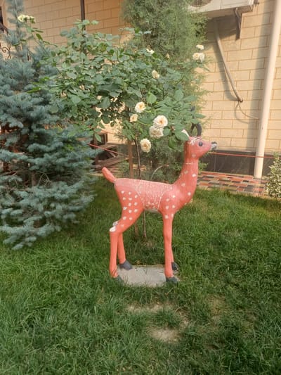 This is a medium shot, eye-level, outdoor photograph of a decorative garden statue of a deer. The statue is painted coral pink with white spots and has small black hooves. It is standing on a light gray concrete base in a grassy yard. To the left of the deer statue is a mature blue spruce tree with its needles facing the viewer. Behind the deer and to the right is a rose bush with light-colored blooms and green leaves. Further in the background is a brick building with light beige bricks and a white outdoor air conditioning unit mounted high on the wall. The ground is covered in green grass, and the scene appears to be in a residential area. The photograph was taken in Jumashuy, Uzbekistan.