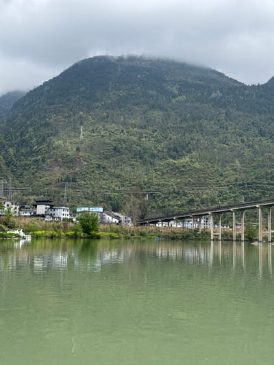 The image shows a mountain covered with lush greenery on the left side. The mountain's peak is shrouded in mist. On the right side, there is a body of green water. A row of white houses with dark roofs line the edge between the mountain and the water. Power lines run parallel to the row of houses, stretching up the mountain. A bridge with multiple concrete pillars spans over the water, connecting the houses to an area on the opposite side of the water. The scene appears to be near a body of water in Zhuoshui, China, based on the presence of mountains, water, and building construction.