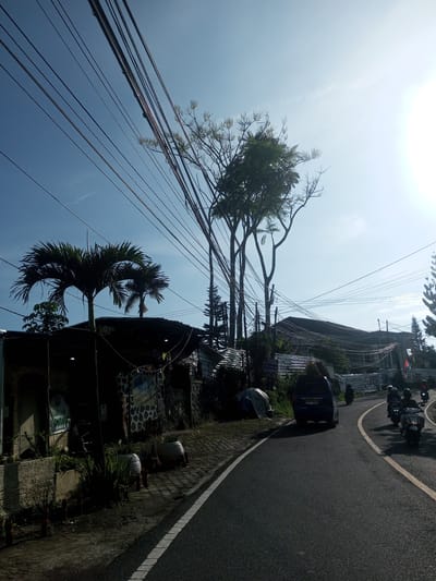 The image depicts a paved road curving to the right, flanked by buildings and vegetation. Several power lines stretch across the sky. A blue minivan is driving on the road, followed by several motorcycles. On the left side of the road, there is a building with a corrugated iron roof, and beyond it, a taller building under construction. Trees are interspersed throughout the scene. The location is not specified, and nothing indicates the image is located in Phou Khoun, Laos.