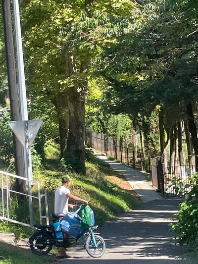A man wearing a white t-shirt and a green baseball cap stands next to a black electric bicycle loaded with blue and green bags. The bicycle has a blue front fender and blue accents on the wheel. He is positioned on an asphalt path that curves away into the distance. To the left of the path is a white metal fence and a tall pole with a triangular sign attached to it. Behind the fence, there is lush green vegetation and large trees with dense foliage. The path is lined on the right by a dark metal fence and more trees, some of which appear to be tall and slender. The scene is set outdoors with sunlight filtering through the trees, creating dappled shadows on the path. The location is identified as Katkova Schel, Russia.