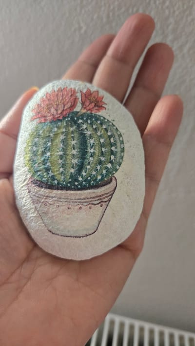 A close-up shot shows a person's palm gently holding a small, round, white-painted rock. The rock is decorated with a colorful decal of a potted cactus with two pink flowers. The background consists of a light gray wall and a white radiator. The setting is a room in a house located in Agía Marína, Greece.