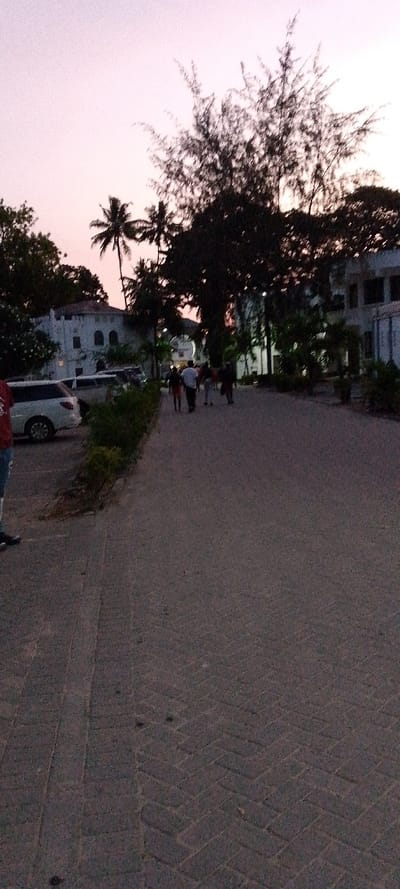 The image depicts an outdoor scene at twilight in Tudor ward, Kenya, characterized by a pale pink and purple sky. In the immediate foreground on the left, the lower body of an individual wearing blue jeans and a red shirt is partially visible. The ground consists of dark grey interlocking pavers, showing wear and scuff marks, and transitions into a paved path leading into the distance.
On the left side, adjacent to the path, a parking area contains at least three vehicles, including a white station wagon. Behind the parking, a multi-story white building with a tiled roof and several arched windows is visible. A low green hedge separates the parking area from the main path.
In the midground, a group of approximately six individuals, indistinct due to distance and low light, are walking away from the viewer along the paved path. They appear to be casually dressed. The path is flanked by dense foliage, including prominent palm trees and other tall trees silhouetted against the sky. In the background, an archway connects two buildings. A light-colored building is also partially visible on the right.