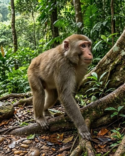 A rhesus macaque is walking on a tree root in a lush, green forest. The monkey is light brown with a pinkish face. It is facing to the right and appears to be looking at something off-camera. The forest is dense with trees and foliage, and the ground is covered with leaves and rocks. The image was taken in Dolat Rayat, Indonesia.