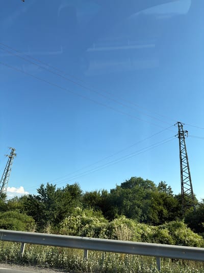 In Yana, Bulgaria, an overcast sky looms above a vibrant green landscape. Power lines crisscross the scene, supported by two tall, skeletal metal towers. A thick line of trees and bushes, punctuated by white blossoms, forms a dense barrier along the horizon. A silver guardrail runs horizontally across the foreground, separating the viewer from the roadside vegetation. The scene appears to be captured from a moving vehicle, suggesting a journey through the outskirts of the city.