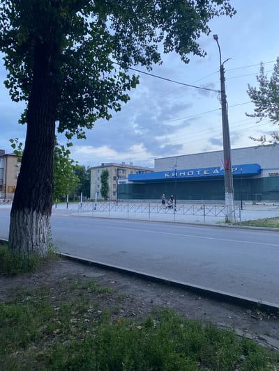 The image captures a street scene in Antratsyt, Ukraine, under an overcast sky. In the foreground, a large tree with a whitewashed trunk stands on the left side of the frame, with its foliage extending into the upper portion of the image. A paved road occupies the middle ground, bordered by a sidewalk with a white metal fence. Beyond the fence, a modern building with a bright blue facade and the white Cyrillic text "КИНОТЕАТР" (Cinema) is visible. Two individuals, one pushing a stroller, are walking on the sidewalk in front of the cinema. To the left of the cinema, an older, multi-story brick building can be seen. A concrete utility pole with electrical wires runs along the right side of the image, extending upwards towards the sky. The environment appears to be urban, with typical city infrastructure.