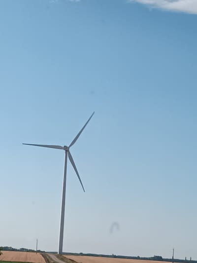 This media file shows a single wind turbine with three blades silhouetted against a clear, light blue sky. The wind turbine is positioned on the right side of the frame, with its blades spread in a horizontal and upward direction. The lower part of the wind turbine is a tall, white tower that extends down to meet the ground.
The setting appears to be an open, rural landscape. In the foreground and midground, there are fields of golden-brown crops, possibly wheat or barley, stretching horizontally across the image. A dirt road or track can be seen leading towards the base of the wind turbine. In the distance, on the horizon, there are hints of trees and possibly other structures, suggesting a rural or agricultural area. There is also a tall, slender pole with some equipment on it in the left midground, and a few more distant, indistinct poles or structures on the far right horizon.
The sky is mostly cloudless, with a faint hint of a few small white clouds in the upper left corner. The lighting suggests it is daytime, likely mid-morning or afternoon, given the bright sky and clear visibility. The weather appears to be fair and sunny.
The media file captures a still scene, with no apparent activity taking place beyond the implied presence of the wind turbine, suggesting it is operational. There are no people or animals visible in the frame. The overall impression is one of a peaceful, expansive agricultural landscape dominated by the presence of modern renewable energy infrastructure. The image is taken from a ground-level perspective.