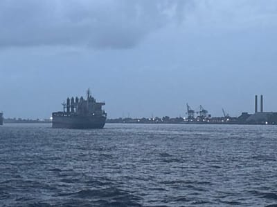 A large cargo ship is in the middle of the Mississippi River, traveling towards the city. The ship is passing under a bridge. There are several large industrial structures along the riverbank. The sky is overcast. The image was taken near the Industrial Canal in New Orleans, Louisiana.