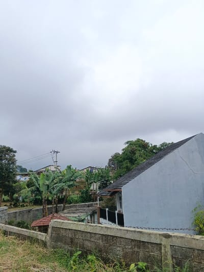This image depicts a static outdoor scene in Kabiufa, Papua New Guinea, under a uniformly overcast, grey sky. The foreground is occupied by a weathered concrete block wall, partially obscured by sparse green vegetation including grass and weeds. Behind this, a lower concrete retaining wall is visible to the left. A cluster of large-leafed plants, consistent with banana trees, stands centrally behind the walls. To the right, a light blue-grey residential structure with a dark tiled, sloped roof is prominent; a vertical crack is visible on its exterior wall. This building features white-framed windows and a black railing on a balcony or porch area. A utility pole with associated power lines extends from the mid-ground, left of center, behind the banana trees. The background reveals additional residential or commercial buildings on elevated, vegetated terrain. No individuals, activities, or interactions are visible within the frame.