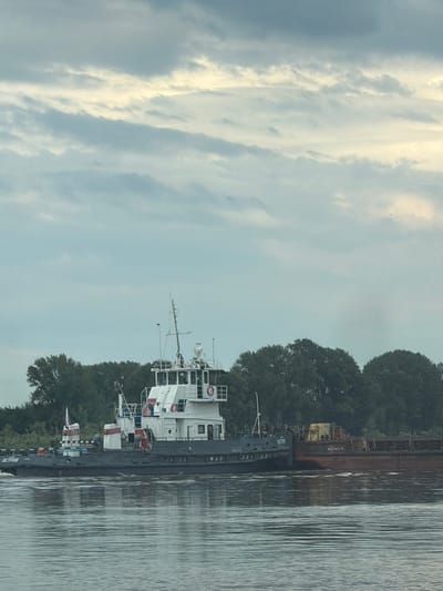 An overcast, grey sky with pale sunlight breaking through wispy clouds hangs above a wide, calm river. A dark-grey tugboat with a white superstructure is positioned to the left of the frame, moving to the right. The tugboat has a flag on its deck and appears to be towing a large, flat-bottomed barge loaded with brown material. The barge is red on its side and has some markings, including what appears to be "ИАДАЛА-16" on its side. Trees line the far bank of the river, appearing as a dark green, dense line. The water is calm with subtle ripples. The scene is likely on the Belaya River near the city of Dyurtyuli, Russia, as indicated by the presence of a tugboat and barge, common on this waterway. There are no visible people.