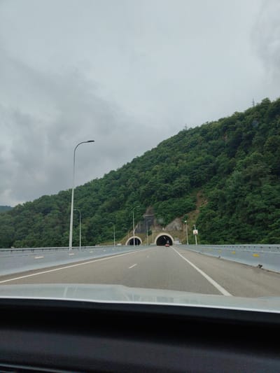 The image shows a highway with two tunnels carved into a densely vegetated mountainside. The sky is overcast. A car is visible in the distance, approaching the tunnels. Streetlights line the highway. The viewpoint is from inside a vehicle, looking out through the windshield and over the dashboard. The location is specified as Kveda Tsiplavake, Georgia.