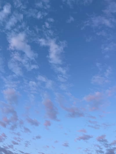 The image displays an expansive sky, predominantly blue, dotted with scattered cloud formations. The left side of the frame features a deeper blue with sparser, more delicate white clouds. As the eye moves towards the right, the sky transitions to a lighter, softer blue, and the clouds become more numerous, exhibiting distinct pink and light purple undertones. These warm hues within the clouds suggest the photograph was taken during either sunrise or sunset, with the sun's low angle illuminating the atmosphere. The clouds vary in density, ranging from thin, wispy streaks to slightly more substantial, textured patches. No human subjects, man-made objects, or specific activities are visible in the tranquil scene, which captures the natural beauty of the sky, likely above Куликово, Russia.