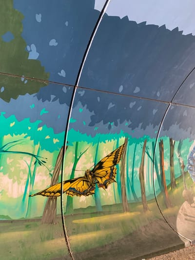 This media file depicts a mural painting, likely on an outdoor surface, given the texture and some visible damage. The mural features a large, yellow and black butterfly with intricate wing patterns. The butterfly is positioned centrally, with its wings outstretched and partially closed. The background is a stylized forest scene, with dark blue and green hues dominating. To the left, a dark blue area with lighter blue leaf-like shapes suggests a shaded forest floor or foliage. To the right, the scene transitions to brighter greens and yellows, depicting tree trunks and branches, creating a sense of depth and light filtering through. Thin, dark wires run horizontally across the image, bisecting the mural and appearing to be part of a fence or some other outdoor structure. The painting style is somewhat abstract and painterly, with visible brushstrokes. The overall impression is a vibrant and naturalistic depiction of a butterfly within a forest setting. The quality of the image suggests it was taken in daylight, and there are no strong indicators of specific weather conditions, though the setting appears to be outdoors. No visible text is present in the image.