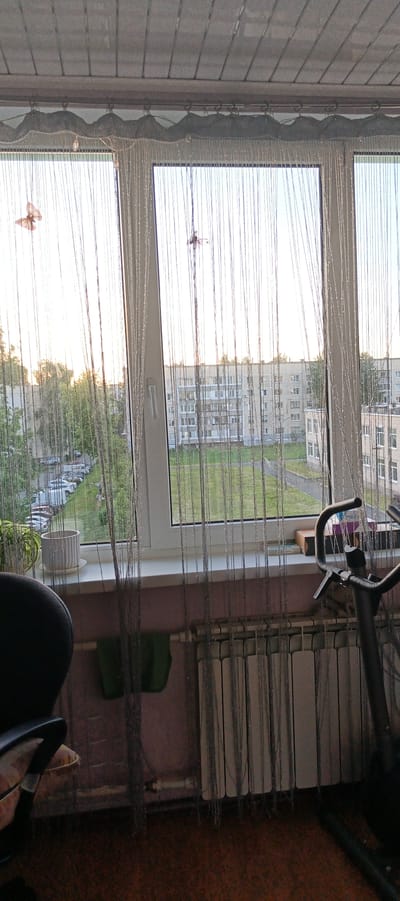 The image shows a view from an interior space looking out through a window and string curtains. The window overlooks a residential area with apartment buildings and trees. In the foreground, part of a black office chair and a stationary bicycle are visible. The string curtains are adorned with small decorative elements, including what appear to be butterflies. The lighting suggests it is either early morning or late afternoon. The overall scene depicts an urban residential environment in Tikhvin, Russia.