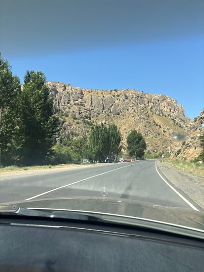 The image captures a forward-facing view from inside a vehicle on a sunny day, looking out at a road that curves through a natural landscape. The road itself is asphalt, with white lane markings. On the left side of the road, there are several tall, green trees, and further back, a rocky cliff face dominates the background. A sign is visible near the trees on the left. Several vehicles are parked or driving on the road. The sky is a clear, bright blue. The foreground shows the dashboard and windshield wiper of the vehicle, with a Mercedes-Benz logo visible on the hood. The environment appears to be a rural or mountainous area, consistent with a location in or near Arpi, Armenia, known for its natural scenery.