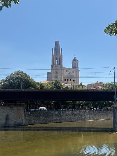 This image depicts a view of the Girona Cathedral from across a river, likely the Onyar River, given the location context of Girona, Spain. The cathedral's grand Gothic architecture, with its prominent towers and spires, is the central subject. The structure appears to be made of stone and is bathed in sunlight, suggesting a clear day.
The scene includes a bridge in the foreground, with a dark, imposing structure that partially obscures the view of the cathedral and the buildings behind it. Power lines crisscross the sky, indicating the presence of modern infrastructure in the vicinity. Lush green trees are visible on the riverbank, bordering the stone embankment. The river itself is a prominent feature, its water appearing murky or greenish, with ripples reflecting the sky.
On the riverbank, there are indications of urban activity, with paved walkways and what appear to be low stone walls. A white vehicle, possibly a van or camper, is parked on the riverbank, adding a contemporary element to the historical setting. The sky is a vibrant, clear blue, typical of a sunny day, and the light suggests it is daytime, possibly late morning or early afternoon.
There are no people clearly visible in the image. The overall mood is one of historical grandeur juxtaposed with modern elements and natural scenery. The image is oriented vertically, requiring rotation for a standard viewing perspective. No legible text is visible.